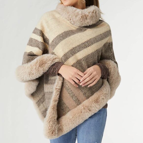 Coco + Carmen Sweaters - Abby Faux Fur Trim Stripe Poncho Tan